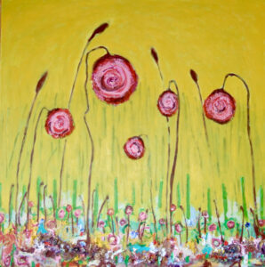 A painting of flowers in the grass