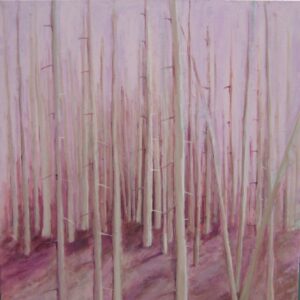 A painting of trees in the woods with pink sky