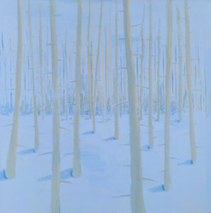 A painting of trees in the snow