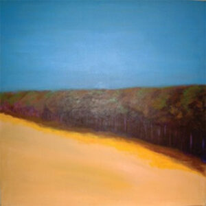 A painting of a sandy beach with trees in the background.