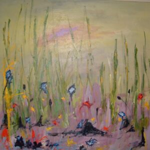 A painting of grass and flowers in the sand.